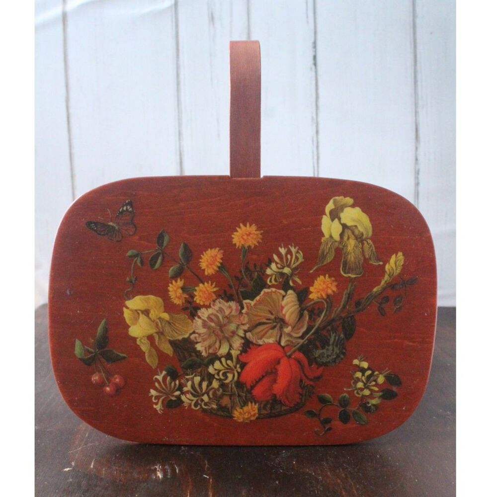 Woven Vintage Basket with Floral Lid and Handle